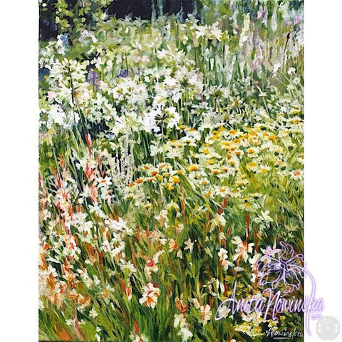 white & yellow flower border in garden, oil on canvas  painting by Anita Nowinska