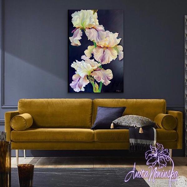 Flower painting of irises oil on canvas by Anita Nowinska