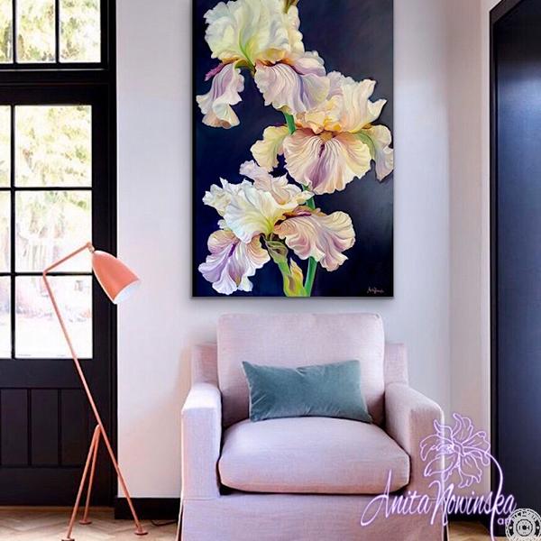 Flower painting of irises oil on canvas on dark background by Anita Nowinska