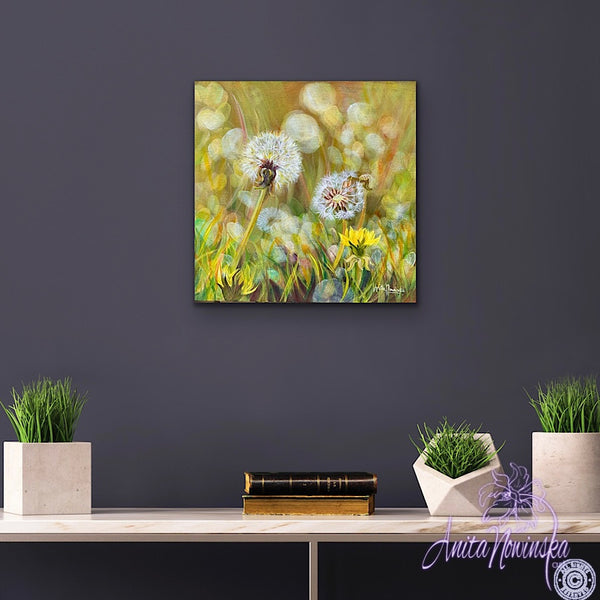 Giving- dandelion seed heads oil on canvas small painting by anita nowinska