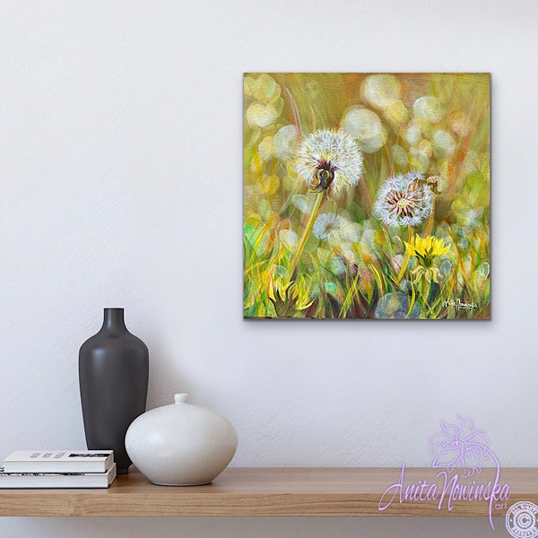 Giving- dandelion seed heads oil on canvas small painting by anita nowinska