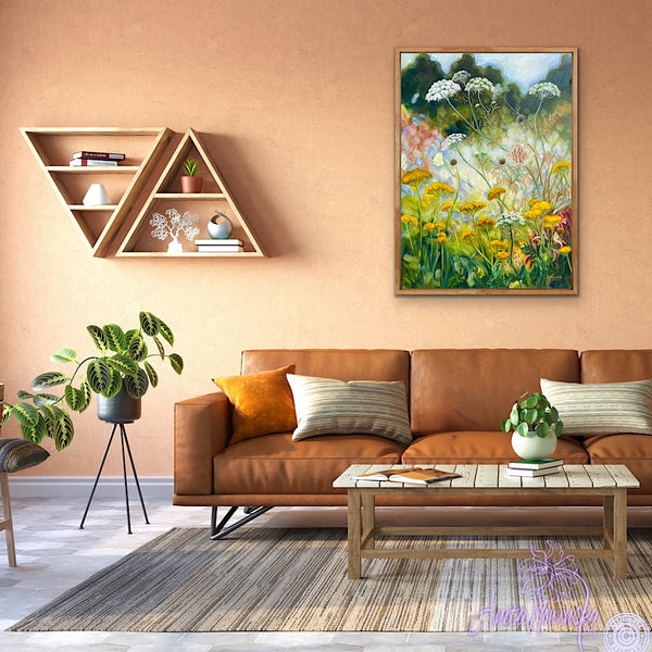 wild garden painting by anita nowinska in a room with terractota walls & leather sofa- yellow, gold, white, green