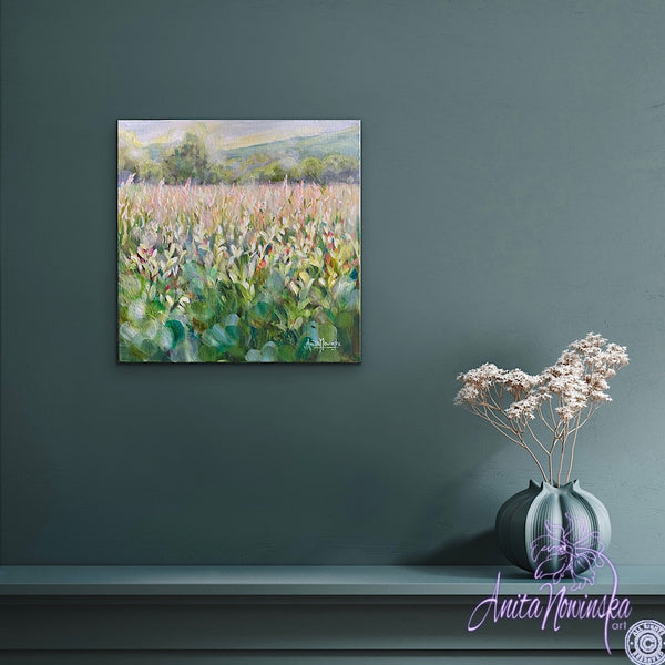 small oil on canvas wild flower meadow painting by anita nowinska