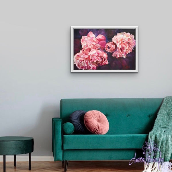 canvas flower painting of pink peonies on purple by anita nowinska