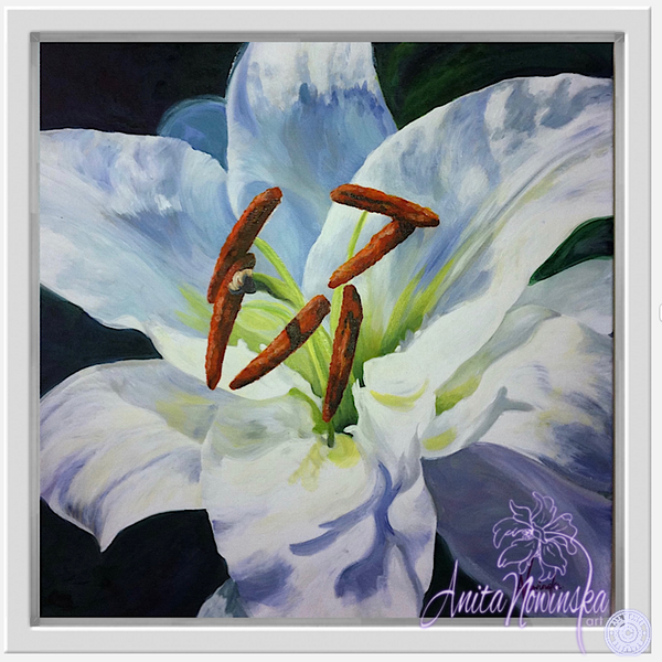 small canvas flower painting of white lily by anita nowinska