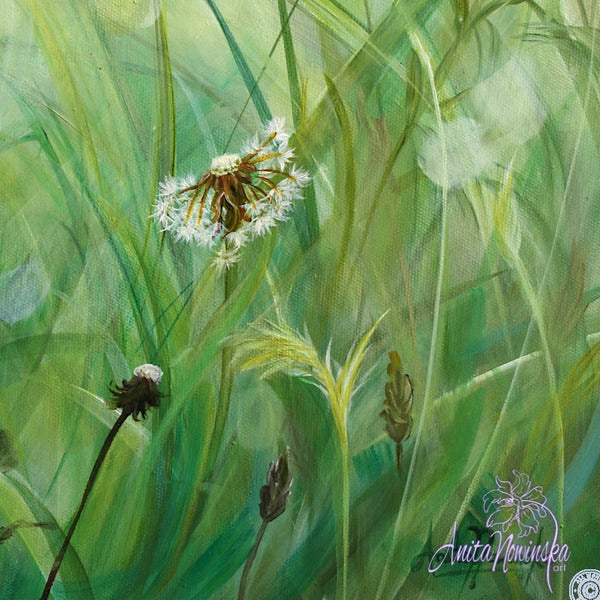 calming small acrylic on canvas painting of green grass meadow in sunlight with dandelion seed heads by Anita Nowinska