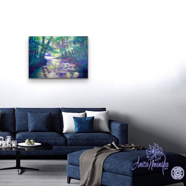 Living room decor with painting of river through trees. oil on canvas by anita Nowinska