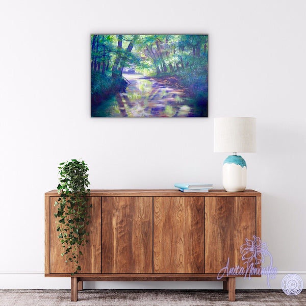 hallway decor, oil on canvas painting of relaxing river through trees
