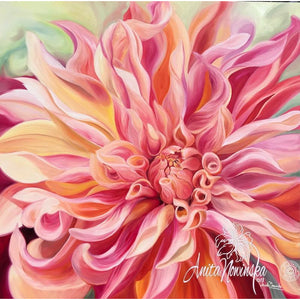 peach orange Dahlia - labyrinth dahlia- big flower paintings- interiors- Anita Nowinska- oil on canvas- floral art