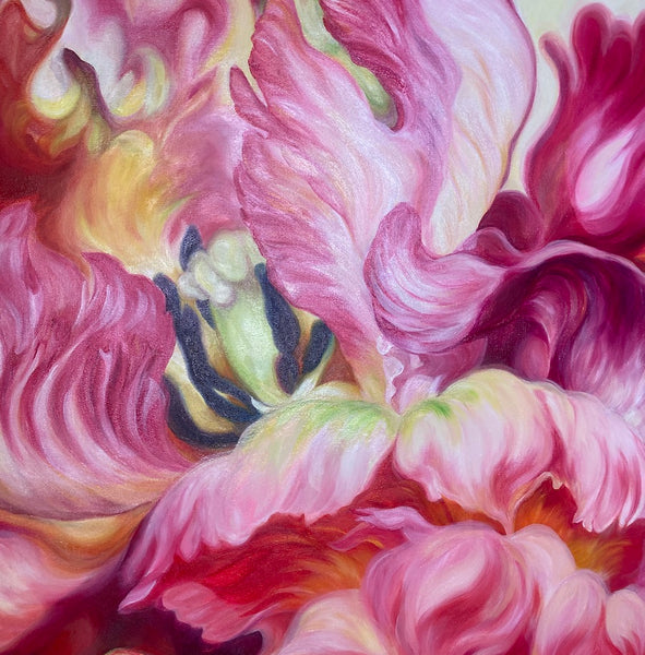 'Lifeblood'- big flower painting of parrot tulips in magenta red yellow by anita nowinska