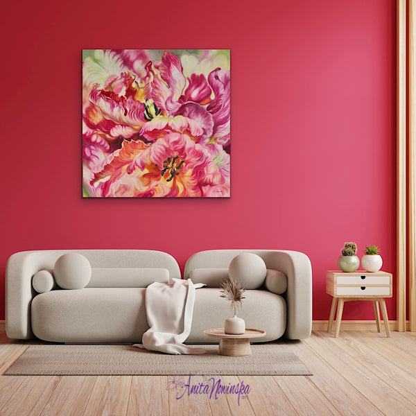 big flower painting of bright parrot tulips in viva magenta by anita nowinska
