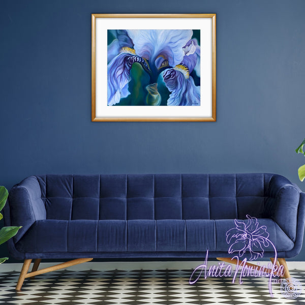 Lilac blue iris flower painting wall decor by anita nowinska