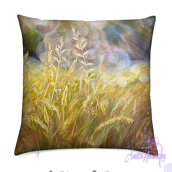 luxury velvet cushion with gold meadow painting by anita nowinska for interior decor accessories