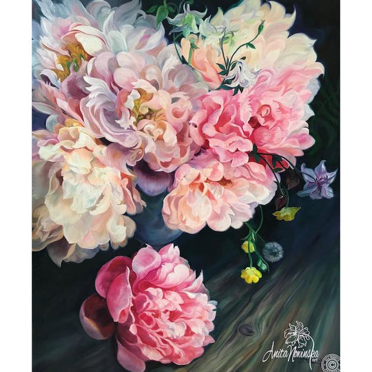 Muliebrity-pink Peony Flower Painting on dark backdrop, oil on canvas ...