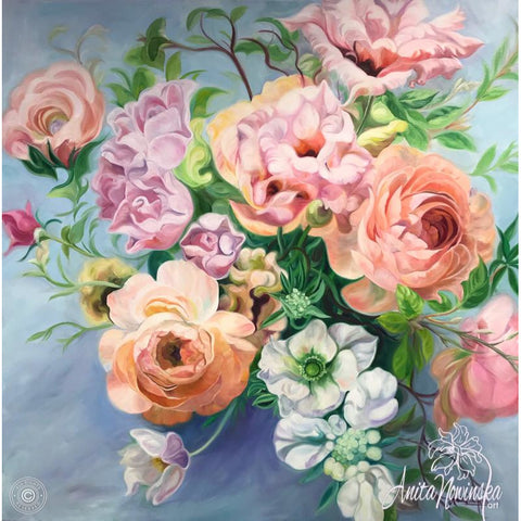 Romantic, relaxing floral painting of a wedding bouquet. Big flower painting in oil on canvas with pink roses, peach rununculus & lisianthus on blue background