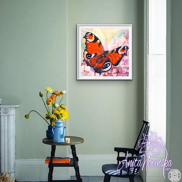 red peacock butterfly painting in pastel by Anita Nowinska