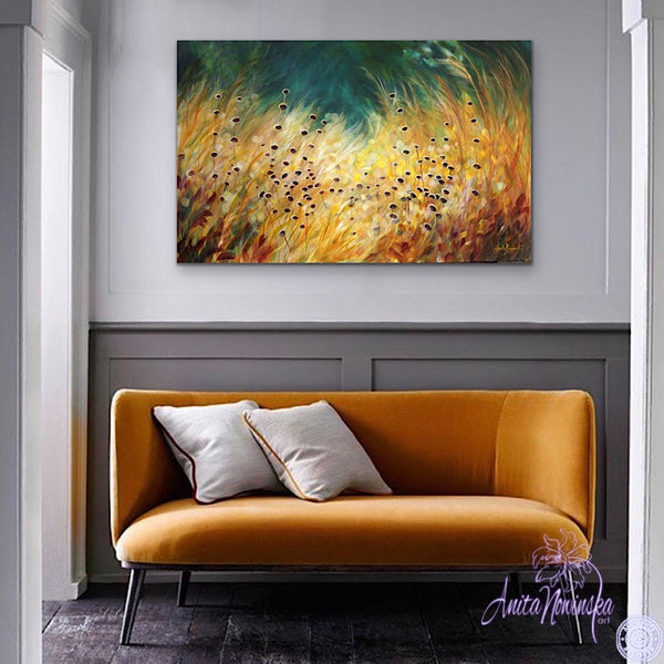 Big canvas painting of golden grasses, seedheads & dappled light with teal background- wall decor art by anita nowinska