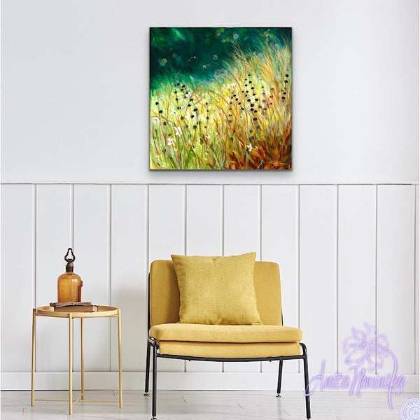 limited edition canvas pront of gold meadow painting on teal by anita nowinska