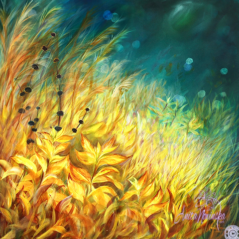 limited edition canvas pront of gold meadow painting on teal by anita nowinska