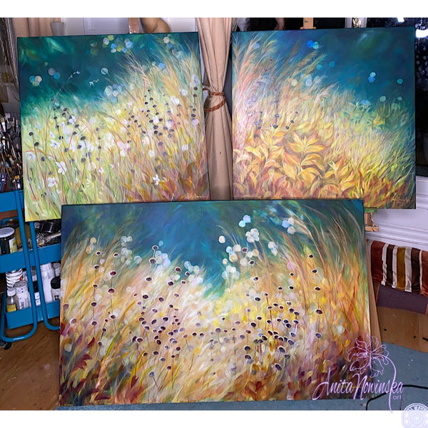 Triptych of gold grassy meadow & seed heads on teal by Anita Nowinska
