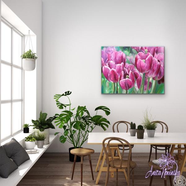 oil on canvas flower painting of pink tulips by Anita Nowinska