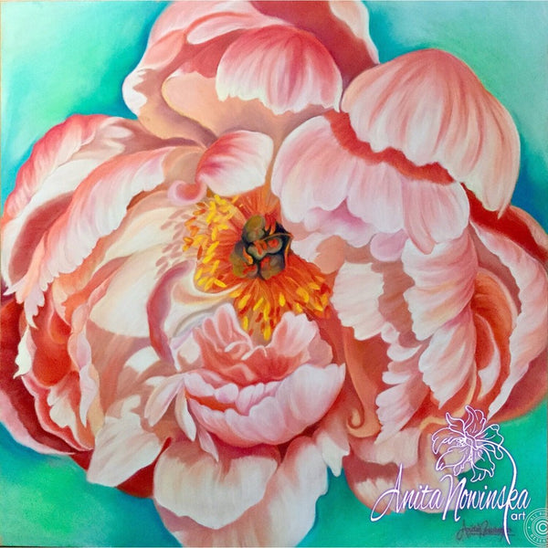 'Prosperity' peach peony on turquoise flower painting by Anita Nowinska