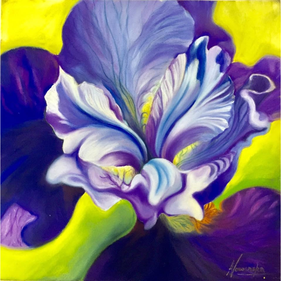 purple iris- flower paintings- anita nowinska- lime green