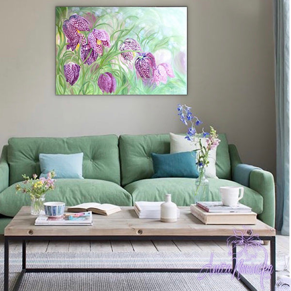 acrylic on canvas flower painting of snakeshead fritillary in purple & pale green for interior decor