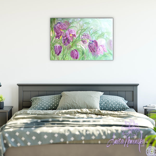 acrylic on canvas flower painting of snakeshead fritillary in purple & pale green for interior decor