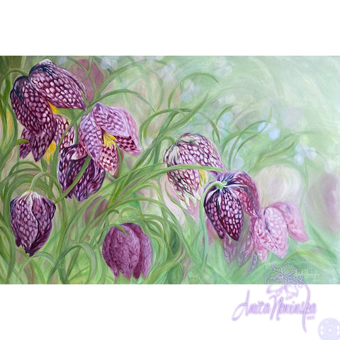 acrylic on canvas flower painting of snakeshead fritillary in purple & pale green for interior decor