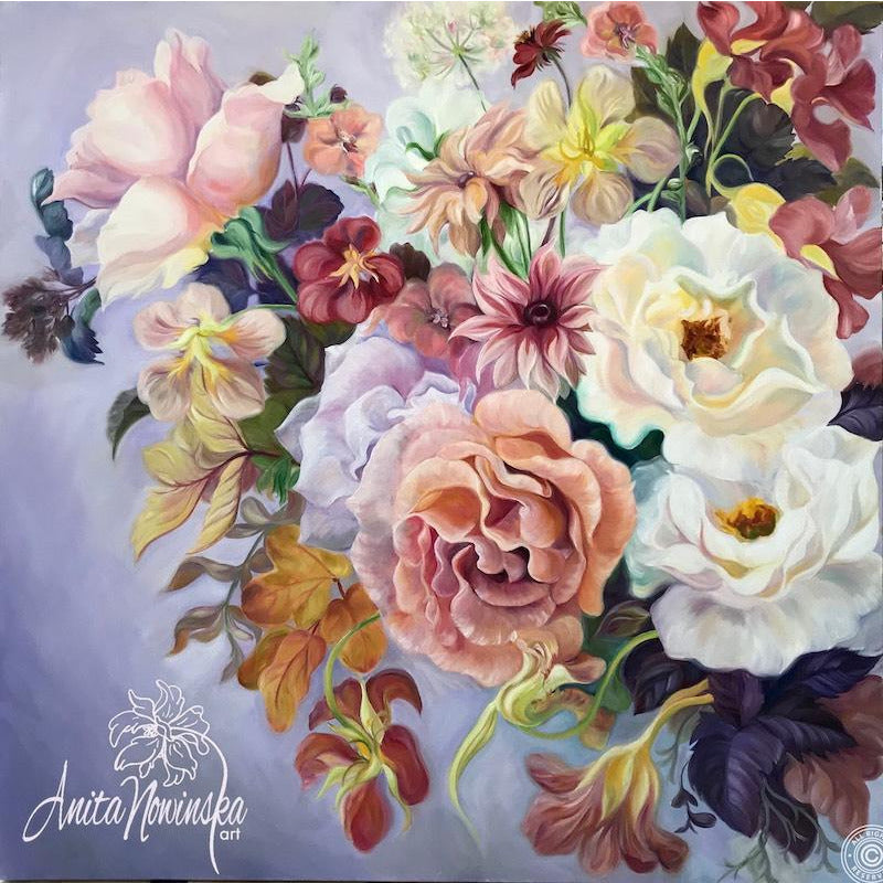 British flowers- still life- wedding bouquet- roses- nasturtiums- flower paintings- lilac, pink, gold- anita nowinska