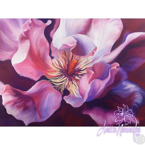 Sensation- Big flower painting of cerise pink magnolia grandiflora by Anita Nowinska