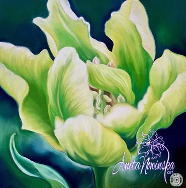 Spring Joy- Bright green tulip, flower painting by Anita Nowinska