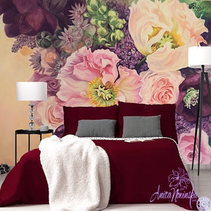 pink, burgundy, lilac flower bouquet designer floral wallpaper mural