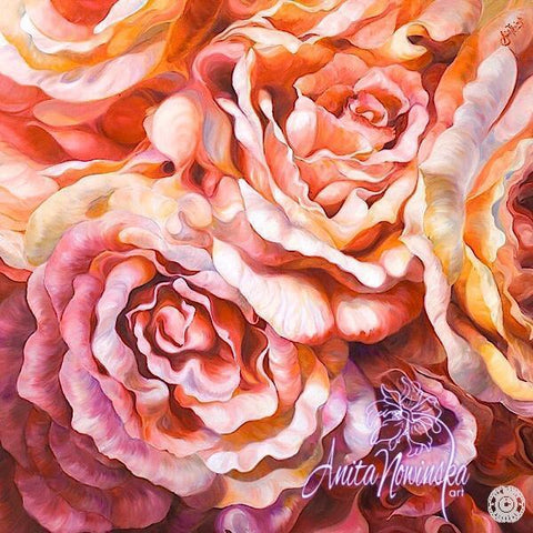 'Tenacity' big flower painting of pink & peach roses oil on canvas by Anita Nowinska