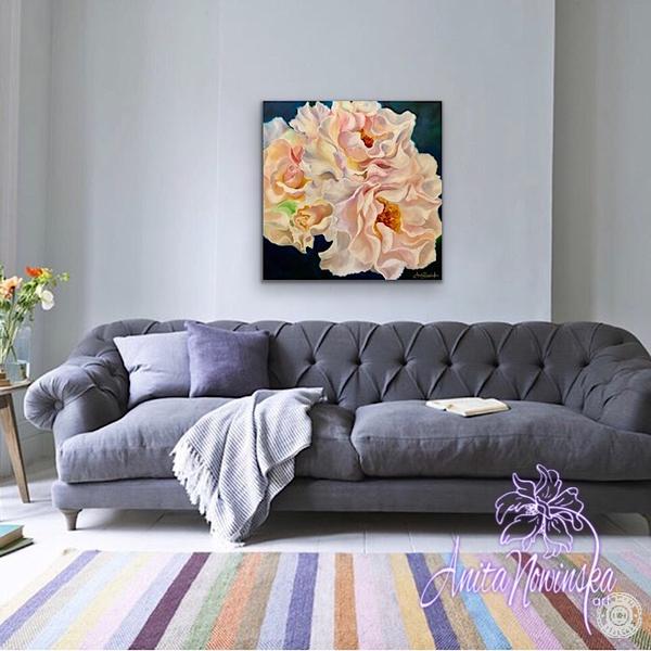 living room decor with Flower painting peachy blush roses,