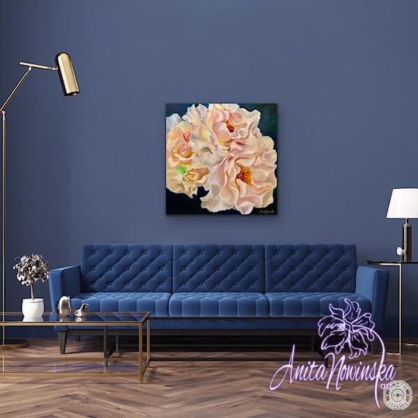 Navy living room decor with Big Flower painting peachy blush roses