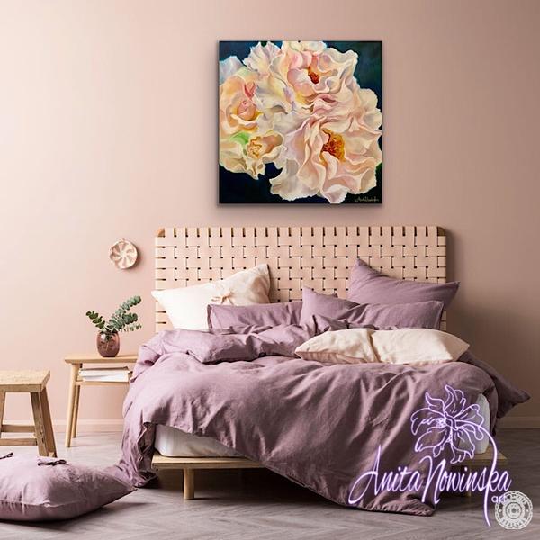 Bedroom decor with floral painting of pink blush roses