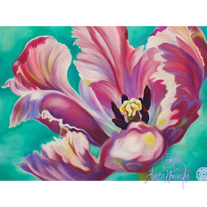 Transition-Pink tulip on turquoise backgound, flower painting by anita nowinska