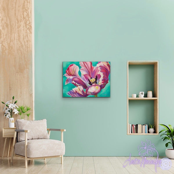 Transition- Pink Tulip on Turquoise painting