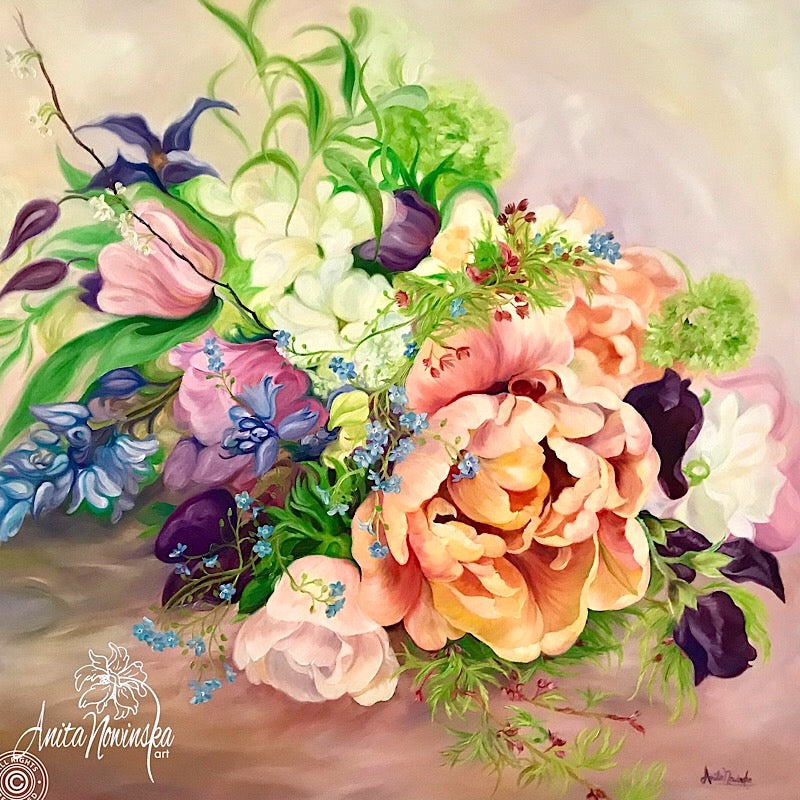 絵画 Oil painting of beautiful flowers. ORIGINAL Oil Painting Beautiful Flowers Signed and in a