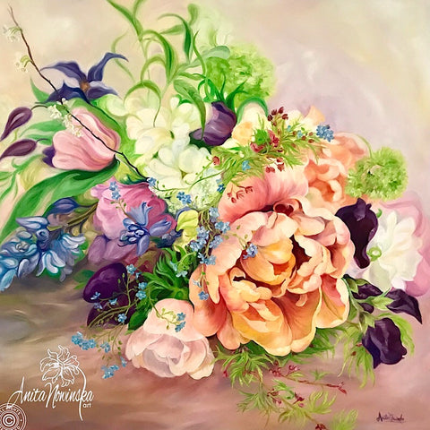 Wedding bouquet floral painting by Anita Nowinska. Big flower painting in oil on canvas of Spring flowers, tulip, clematis & sweet peas