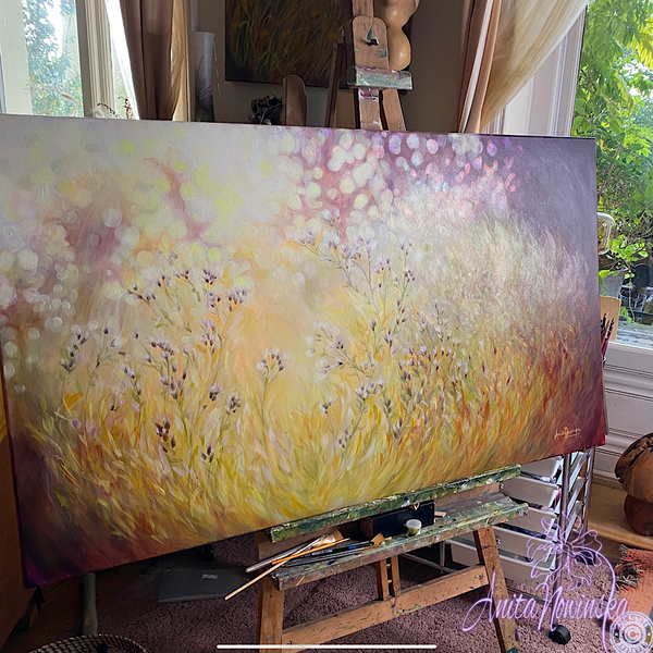 sunlit meadow painting on canvas by Anita Nowinska bokeh