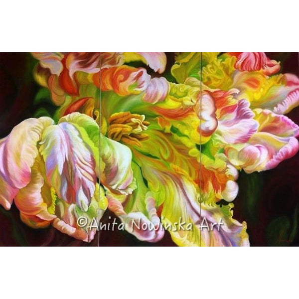 pink, green, white, yellow Parrot Tulip, Flower painting by Anita Nowinska