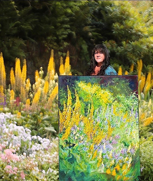 big flower painting  green & yellow garden border by anita nowinska