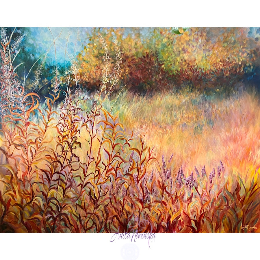 Big painting of autumn meadow on canvas by anita nowinska