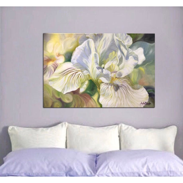 Oil on canvas botanical flower painting of white & yellow Iris by Anita Nowinska