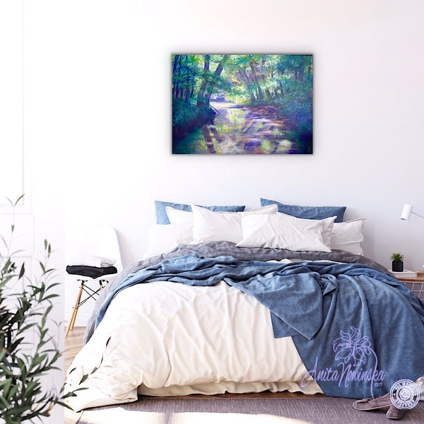bedroom decor with relaxing painting of river running through trees by Anita Nowinska