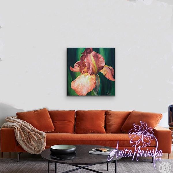 big oil on canvas flower painting of peachy rust iris by Anita Nowinska