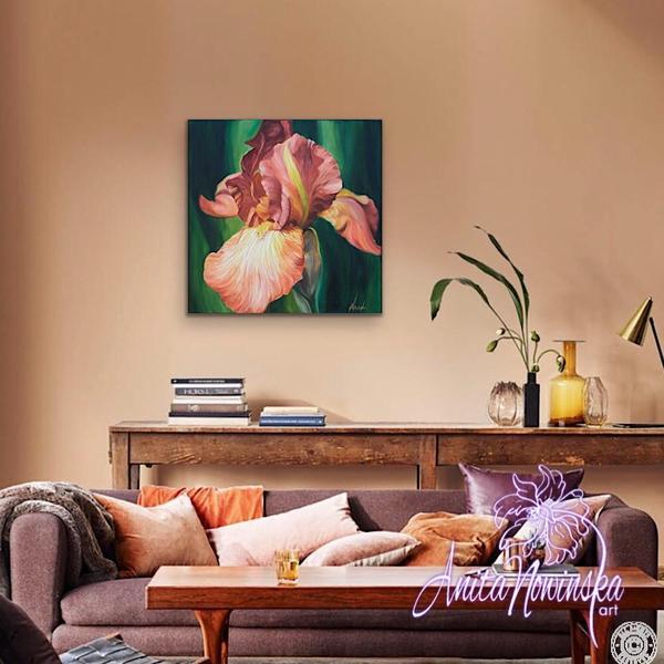 big oil on canvas flower painting of peachy rust iris by Anita Nowinska